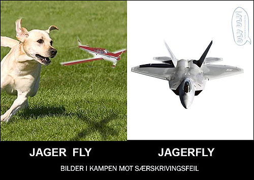 Bildet illustrerer forskjellen på «jager fly» og «jagerfly».