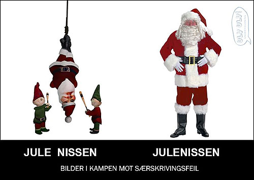 Bildet illustrerer forskjellen på «jule nissen» og «julenissen».