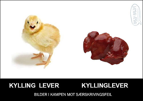 Bildet illustrerer forskjellen på «kylling lever» og «kyllinglever».