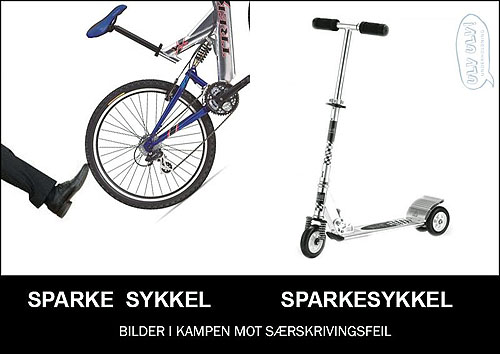 Bildet illustrerer forskjellen på «sparke sykkel» og «sparkesykkel».