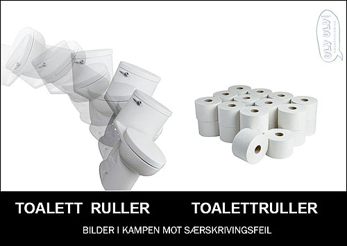 Bildet illustrerer forskjellen på «toalett ruller» og «toalettruller».