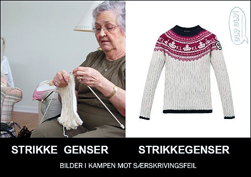 Bildet illustrerer forskjellen på «strikke genser» og «strikkegenser».