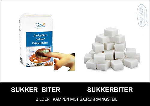 Bildet illustrerer forskjellen på «sukker biter» og «sukkerbiter».